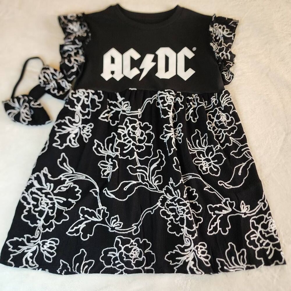AC/DC Girls Upcycled Tshirt Dress and Headband Size Large